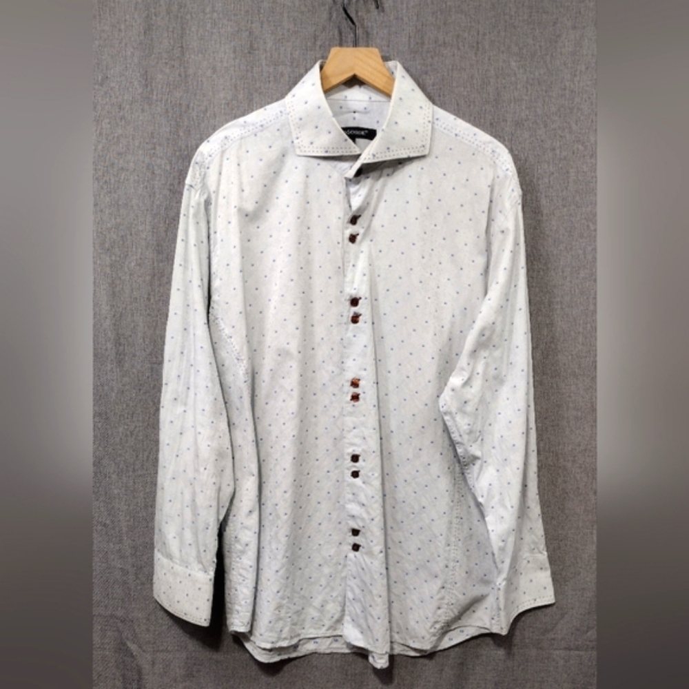 Bogosee Embroidered Dots Button Shirt Mens XXL White Blue Office Casual Comfy